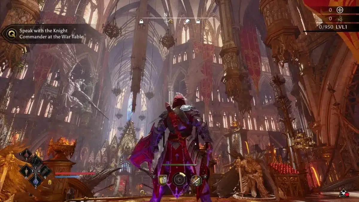 A person in ornate armor, seen from behind, stands in a grand, gothic cathedral with a large dragon skeleton suspended from the ceiling.
