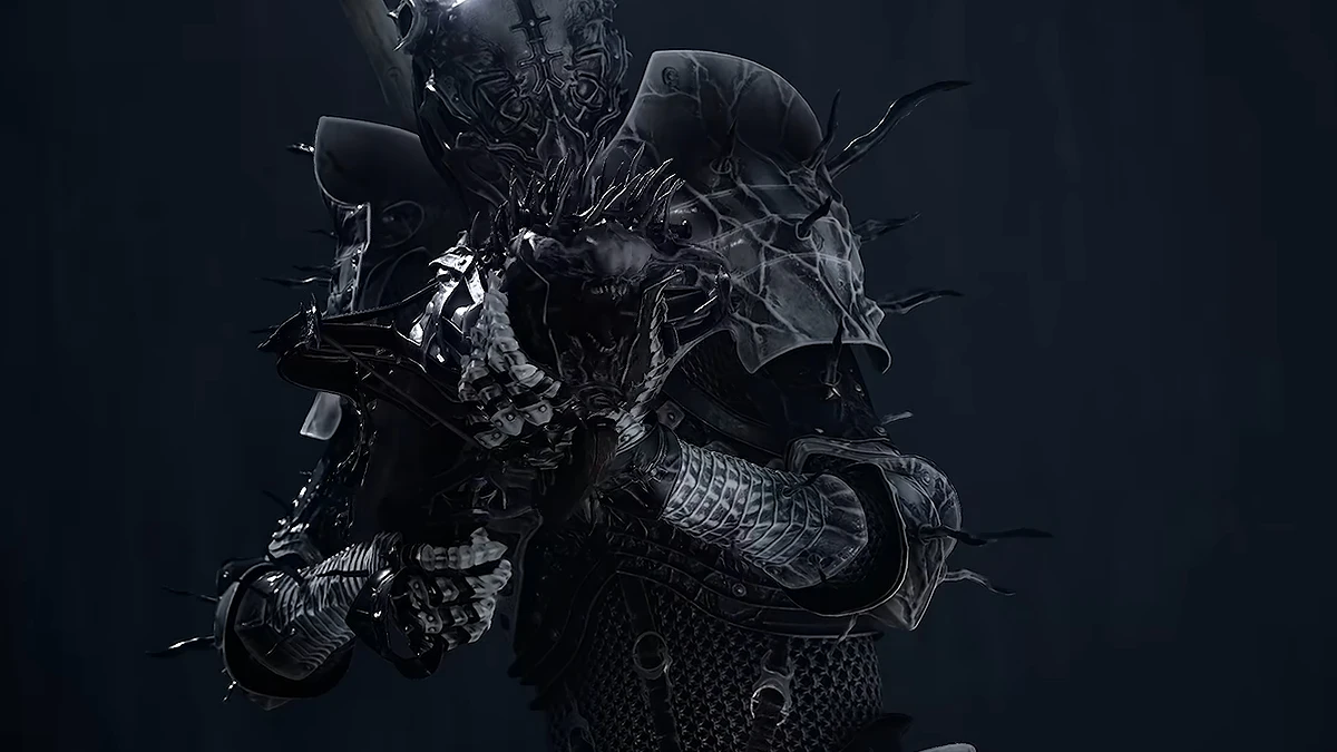 A figure in intricate, dark armor with sharp, spiked details stands against a dark background, holding a large sword with both hands.