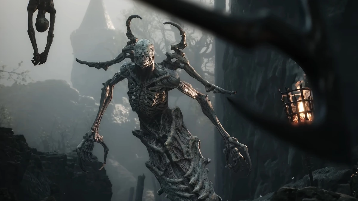 A gaunt, skeletal creature with branching antlers and long, spindly arms stands in a dark, misty forest.