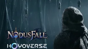A figure in a dark, hooded cloak looks towards a cosmic scene with floating figures and the "Nodusfall" and "HoYoverse" logos.