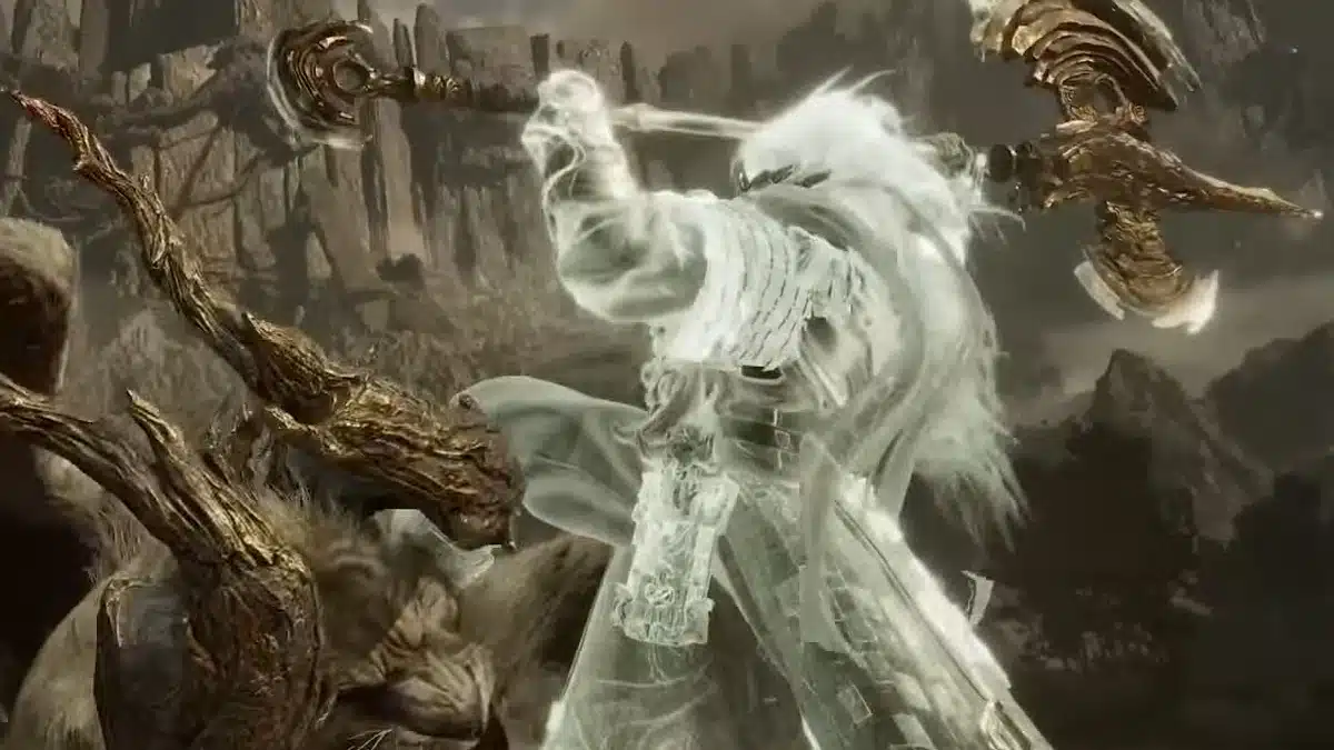 A translucent, spectral figure swings a golden, ornate staff downwards towards a large, horned, beast-like creature, set against a rocky, mountainous backdrop.