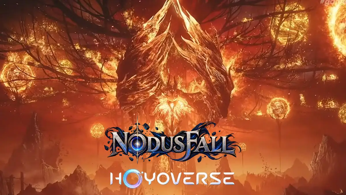Dramatic fiery landscape with glowing orbs and dark, thorny branches above a mountainous terrain, featuring the game title "NODUSFALL" and the "HOYOVERSE" logo.