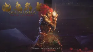 A monstrous figure with glowing eyes, spiky red hair, and ornate armor stands ready to fight, holding a glowing orb aloft in one hand, with the game title "Onimusha: Way of the Sword" displayed prominently in the background.