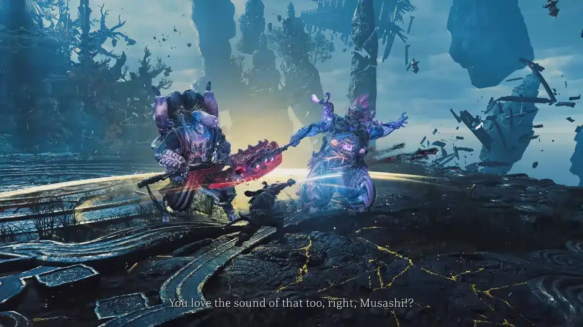 Two armored figures, one wielding a large, glowing red and purple axe, stand facing each other on a rocky, fractured landscape under a dramatic sky, with a third, smaller figure in dark armor positioned between them, appearing to engage in combat.