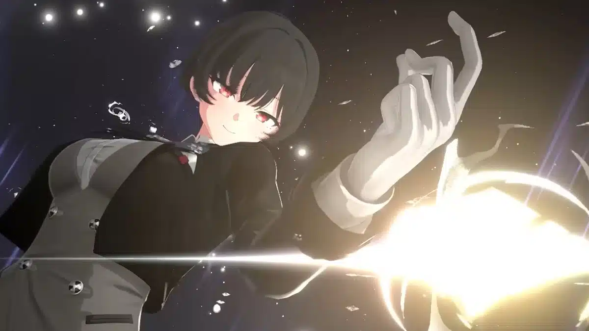 Close-up animated depiction of a character with short black hair, red eyes, and a mischievous smile, wearing a black suit with a grey vest and white gloves, conjuring a bright, swirling energy blast with their right hand against a dark, starry background with glowing particles and streaks of light.
