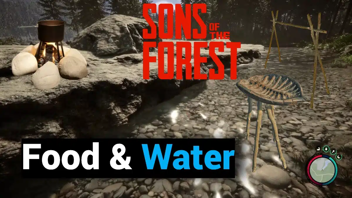 Sons of The Forest stream, with a cooking pot, raincatcher and drying rack.