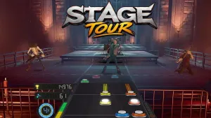 A 3D rendered screenshot of a music rhythm game titled "Stage Tour" with three characters playing instruments on a stage. In the foreground, colored buttons represent gameplay prompts.