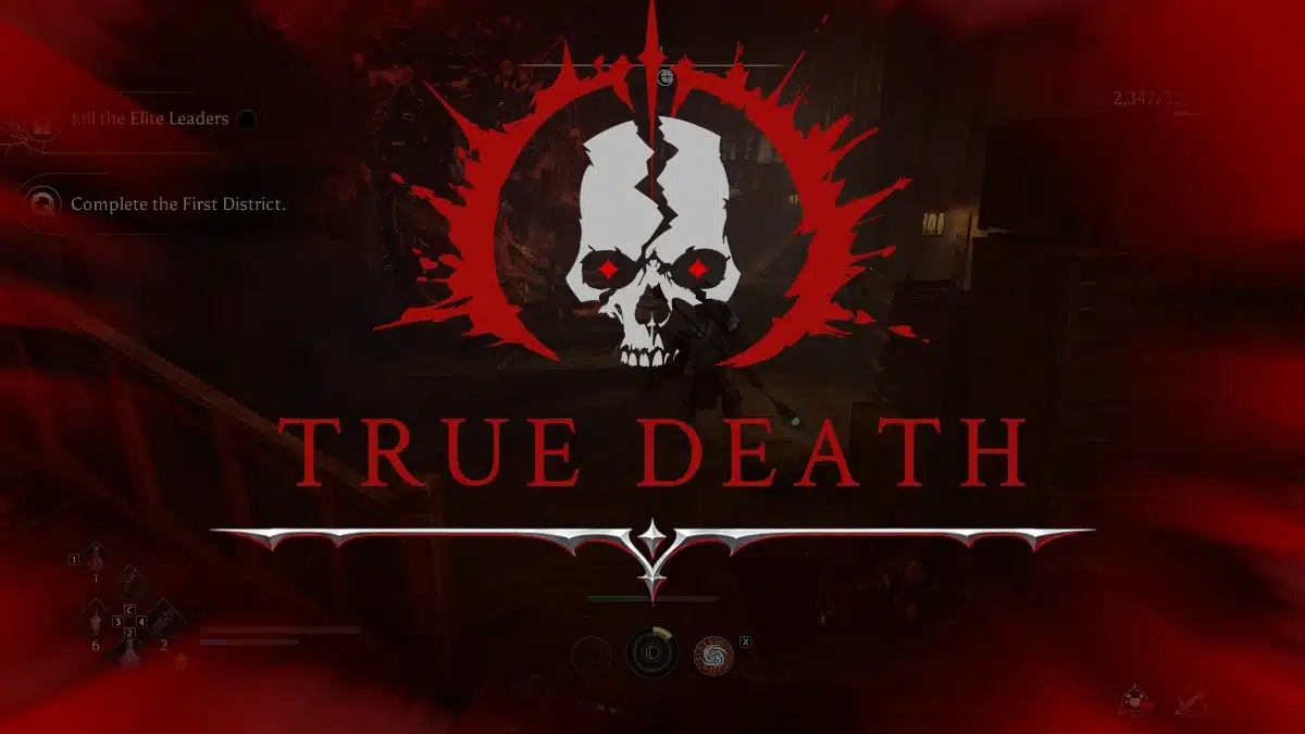 Game screen displaying a cracked skull with red diamond-shaped eyes within a red circular emblem and the text "TRUE DEATH" in bold red font, set against a dark, gritty background with subtle hints of in-game UI elements.