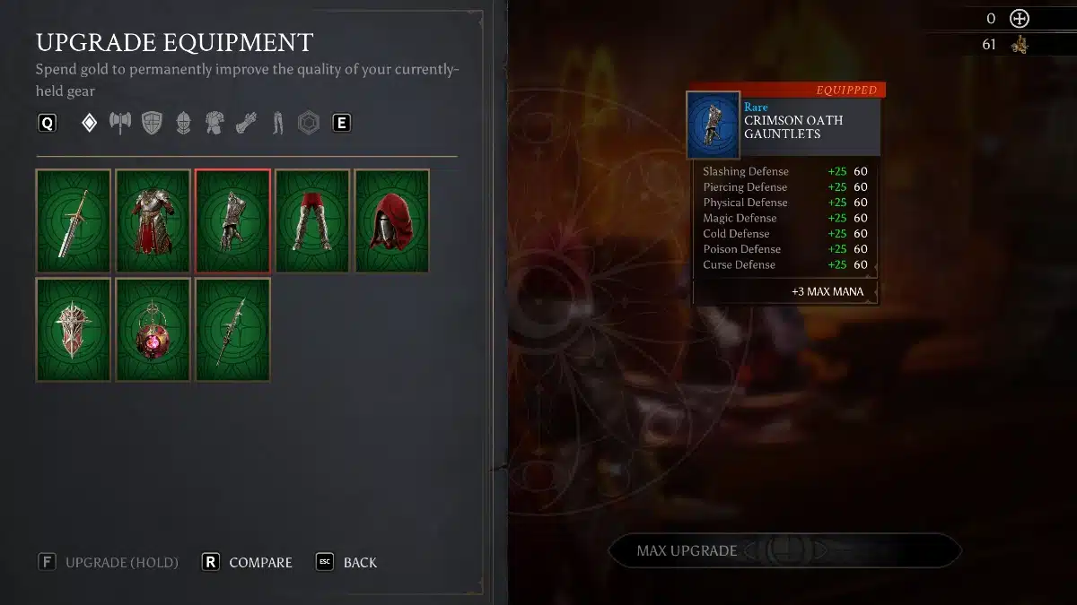 Video game UI screen displaying "UPGRADE EQUIPMENT" with a selection of inventory items including a sword, armor, gauntlets, legs, hood, shield, amulet, and spear. The "CRIMSON OATH GAUNTLETS" are highlighted and shown as "EQUIPPED" with their stats, including +25 to various defenses and +3 MAX MANA.