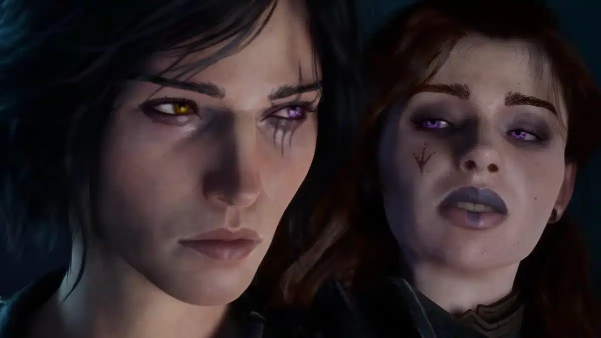 Two women with stylized makeup and unusual eye colors, one with piercing yellow eyes and the other with striking purple eyes, are shown in a close-up cinematic shot.