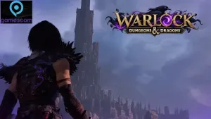 The game title "Warlock: Dungeons & Dragons" logo appears over a dark, foreboding sky with a large castle structure. In the foreground, a character looks towards the castle, dressed in dark, feathered armor.