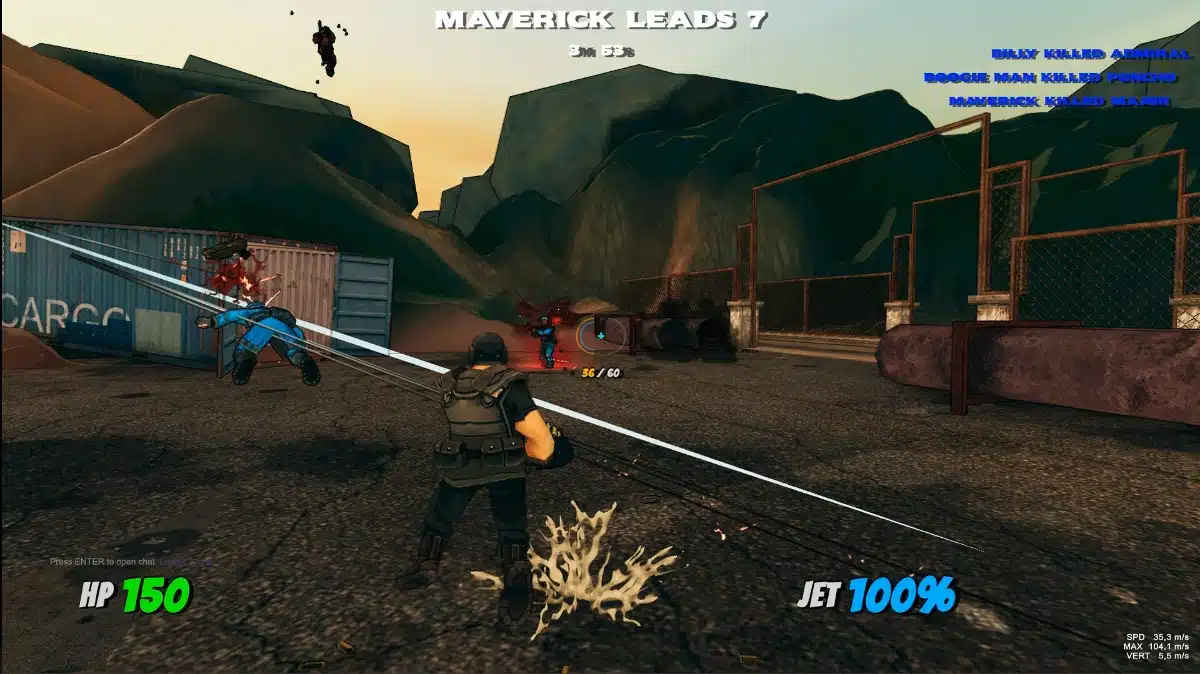 A2K Jet Strikers gameplay showing a player using jet movement during an arena firefight