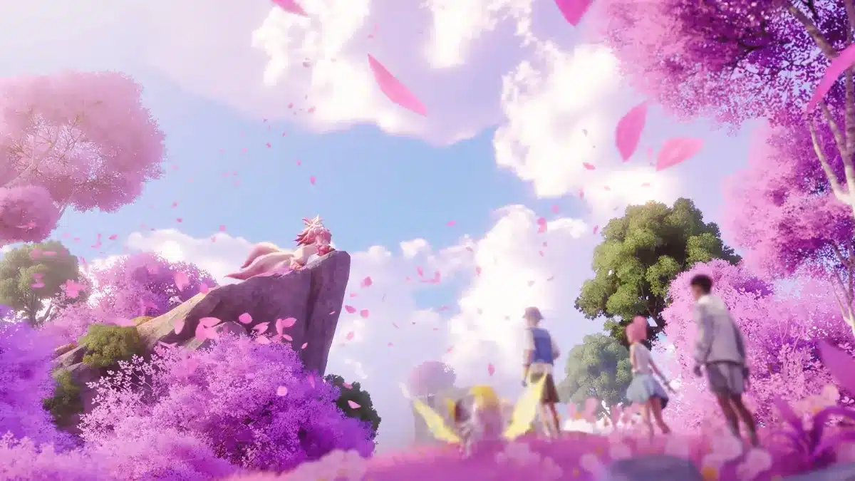 A fluffy, fox-like creature with pink accents sits on a rocky outcrop surrounded by vibrant pink cherry blossoms under a soft blue sky with scattered clouds and falling petals. Several people with stylized anime appearances walk through the blooming landscape in the foreground, facing away from the viewer.