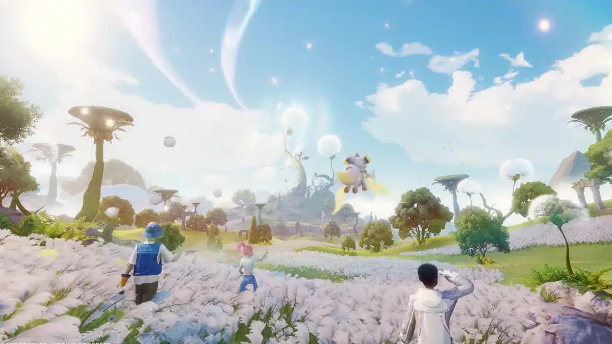 A whimsical, vibrant landscape with towering mushroom-like flora, fluffy white grass, and a clear blue sky with streaks of light. Three figures are exploring the surreal environment, with one looking towards a small, winged creature flying in the distance.