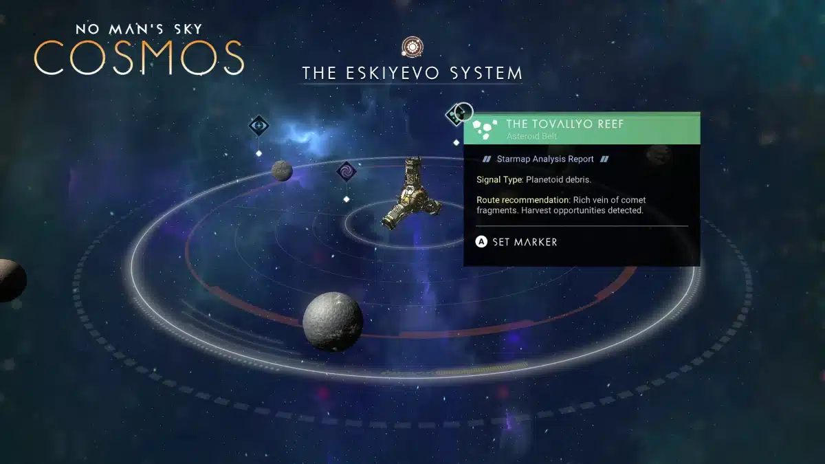 No Man's Sky Cosmos asteroid belt marked using the Star System Map