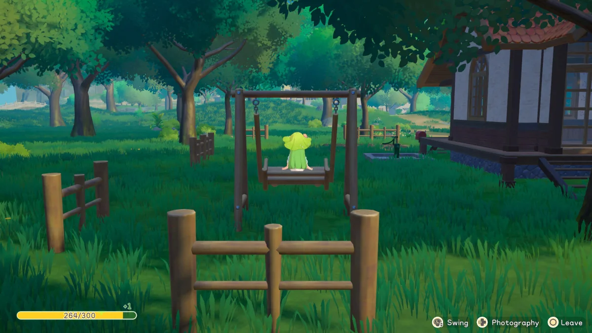 A cartoon character with bright green hair sits on a wooden swing in a grassy park.