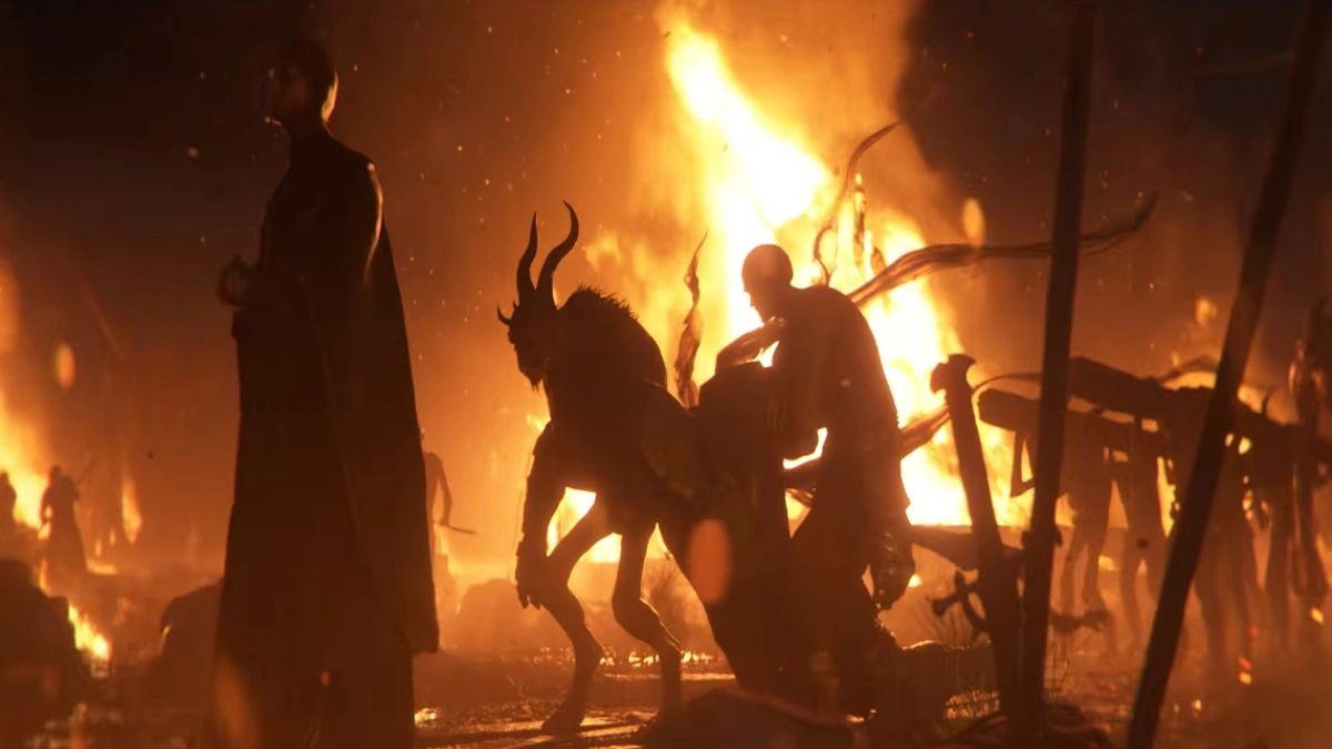 A horned, bipedal creature with a lean, muscular body stands in a fiery landscape, a person is seated on its back. In the foreground, a cloaked figure stands silhouetted against the flames. The background is filled with the orange glow of intense fire and numerous figures in silhouette, some holding weapons, suggesting a battle or conflagration.