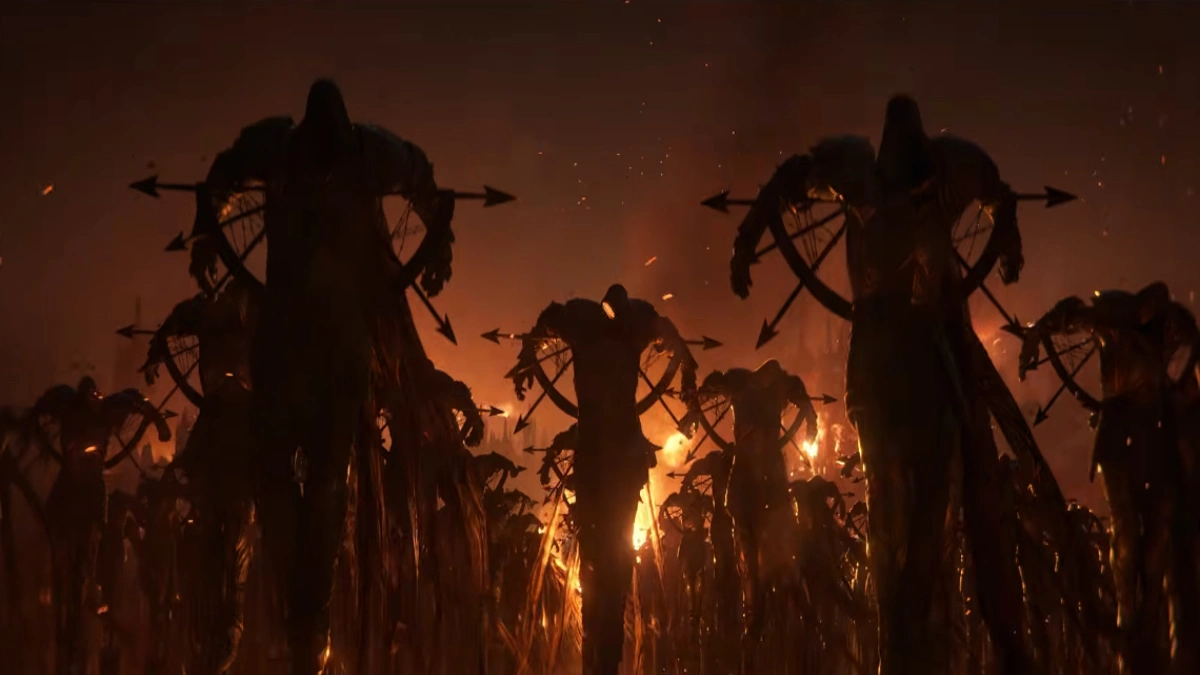 Silhouettes of towering, armored figures march forward in a smoky, fire-lit landscape, each carrying a large, circular symbol with arrows.