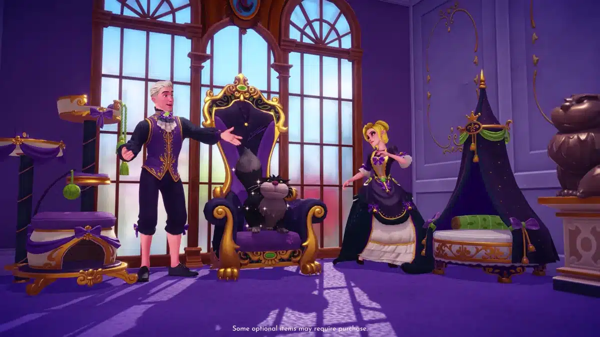 Disney Dreamlight Valley Season of Scares characters wearing Halloween outfits beside themed furniture and a black cat Companion