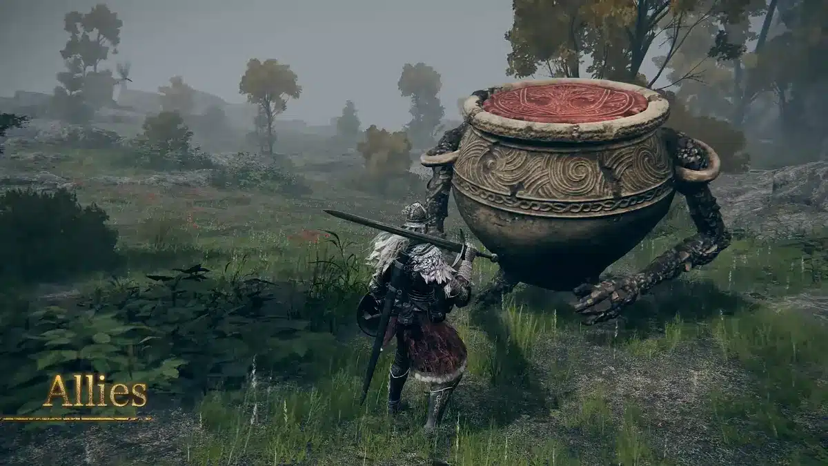 A player character in ornate armor wields a sword against a giant, bipedal pot-shaped enemy with textured arms and a red, patterned lid, in a misty, open field with scattered trees and grass.