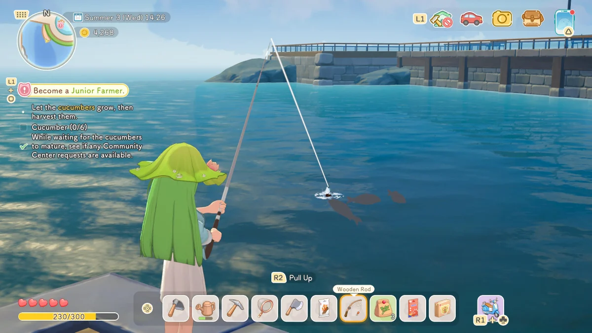 A character with a large green hat and long green hair fishes in clear blue water from a dock.