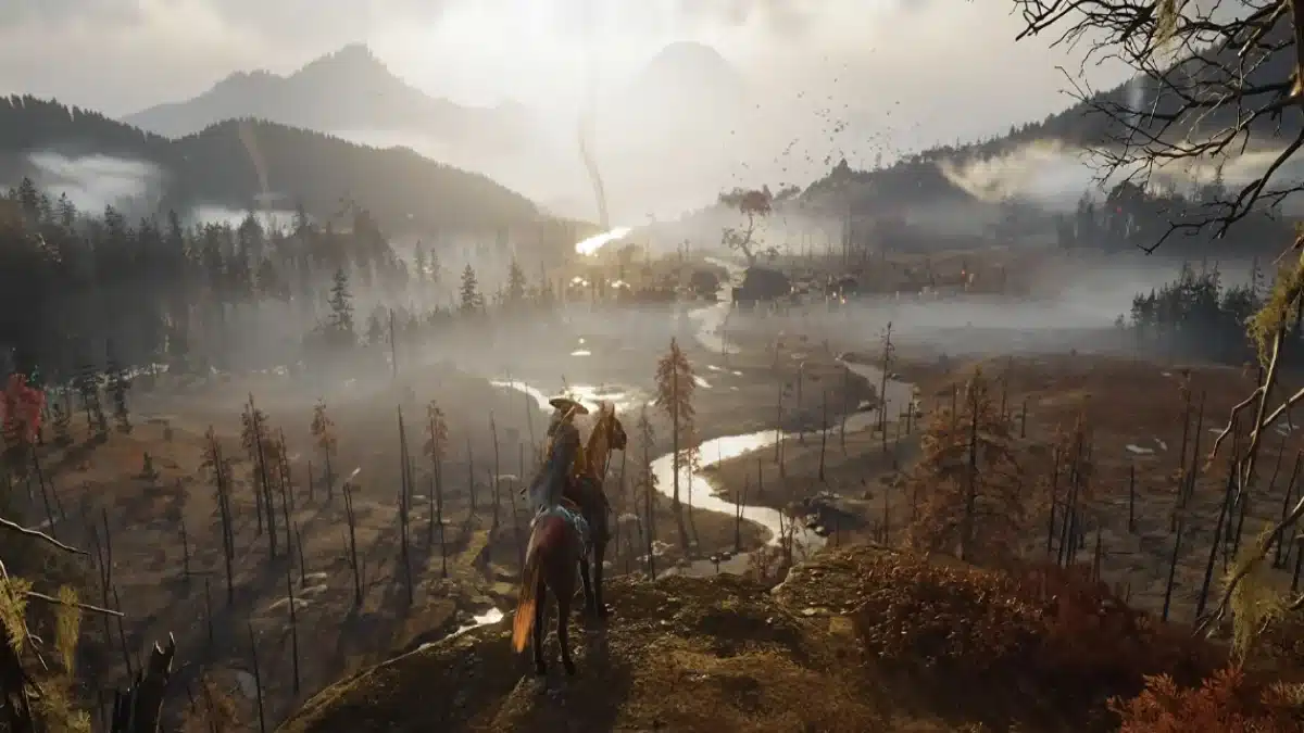 A figure in traditional Japanese attire rides a brown horse, overlooking a vast, misty valley with a winding river, scattered trees, and distant mountains under a hazy sky.