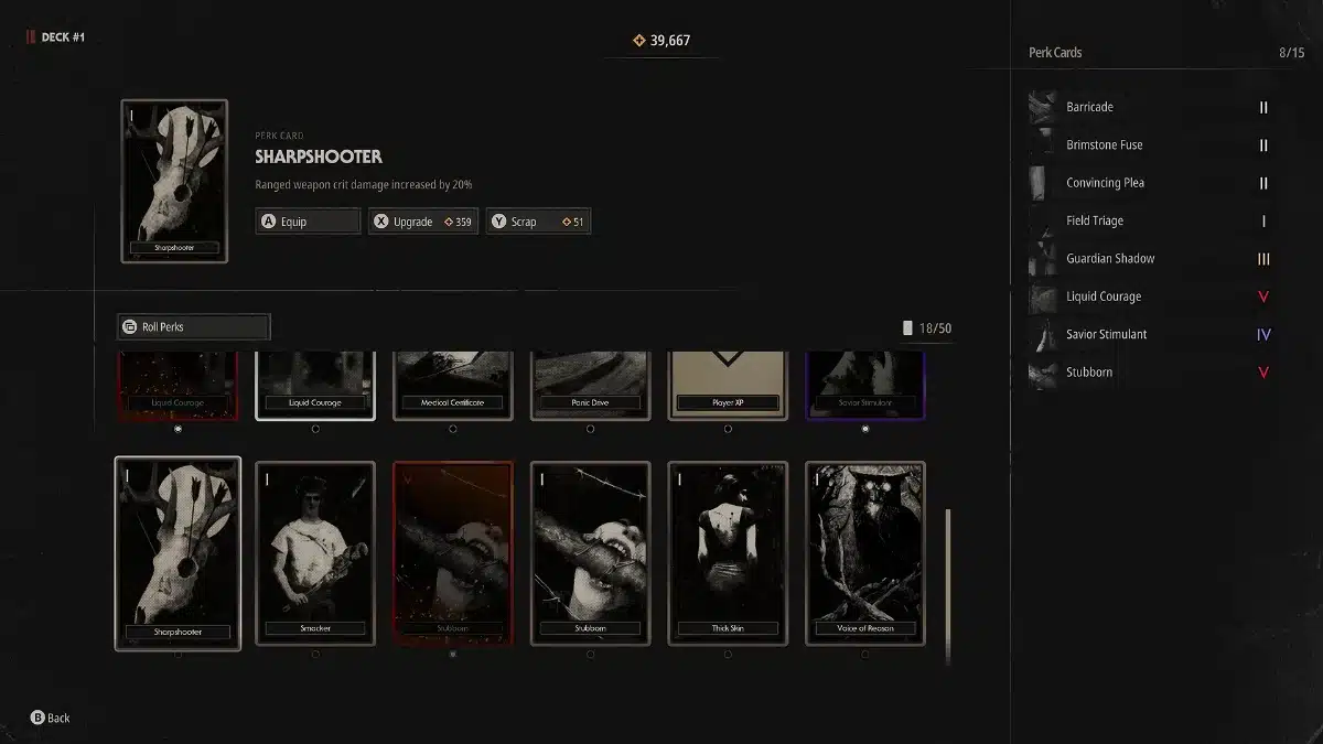 Halloween: The Game Civilian perk deck menu showing Sharpshooter and other perk cards with upgrade levels and Perk Point costs