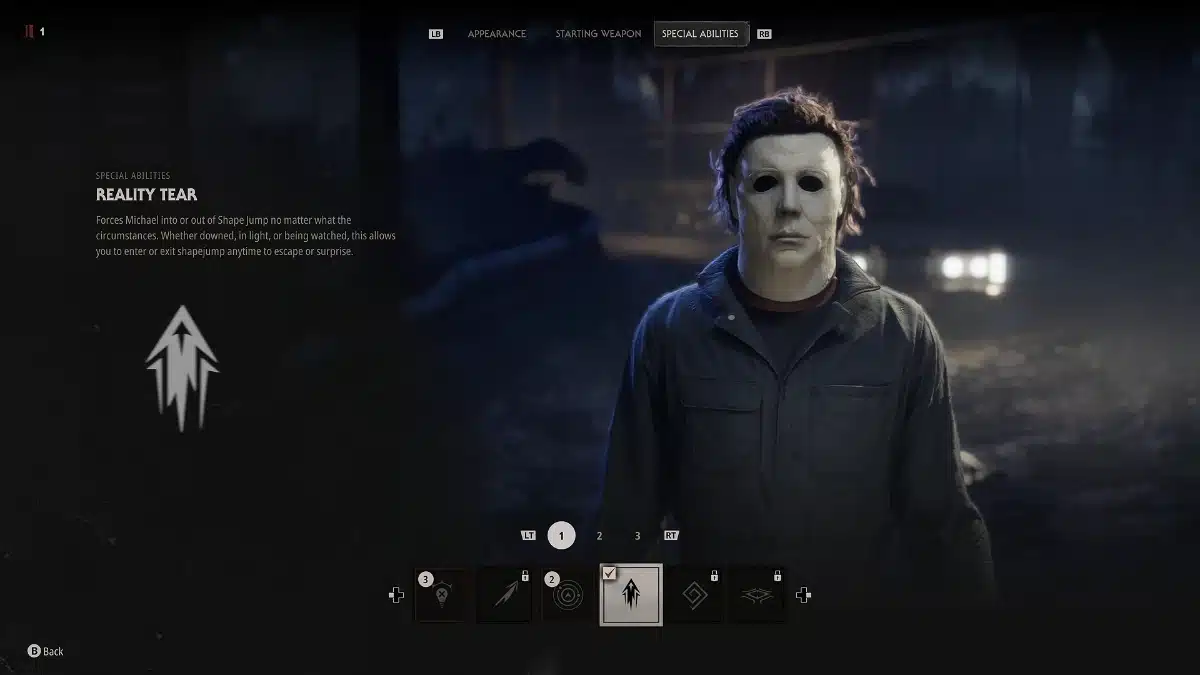 Halloween: The Game Michael Myers special abilities menu showing the Reality Tear ability