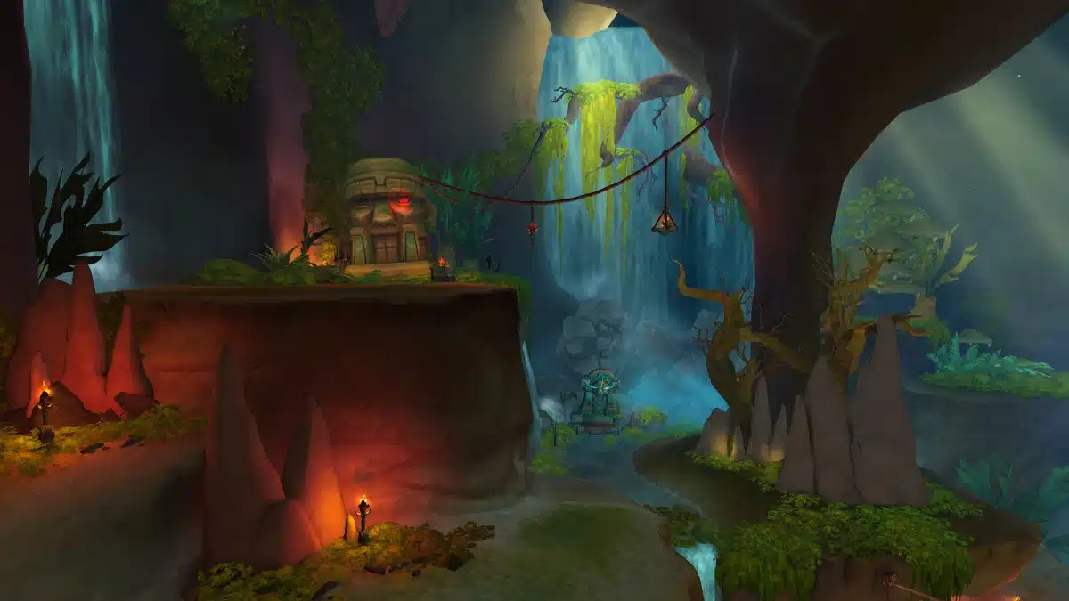 A mystical jungle cave with a stone statue head with glowing red eyes, waterfalls, and lush vegetation.
