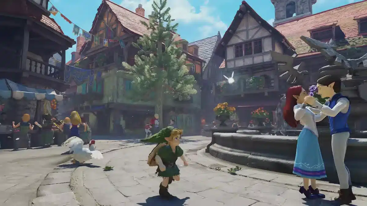 Young Link running through a rebuilt town in The Legend of Zelda: Ocarina of Time remake on Nintendo Switch 2