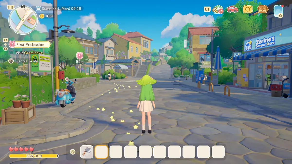 A character with a green mushroom-shaped hat walks down a sunlit, cobblestone street lined with buildings and shops.