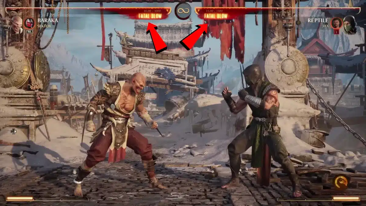 MK1 matchup with red arrows pointing to Fatal Blow HUD prompt at low health.