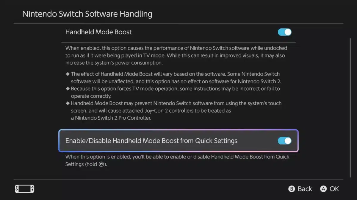 Nintendo Switch 2 Handheld Mode Boost option enabled in System Settings