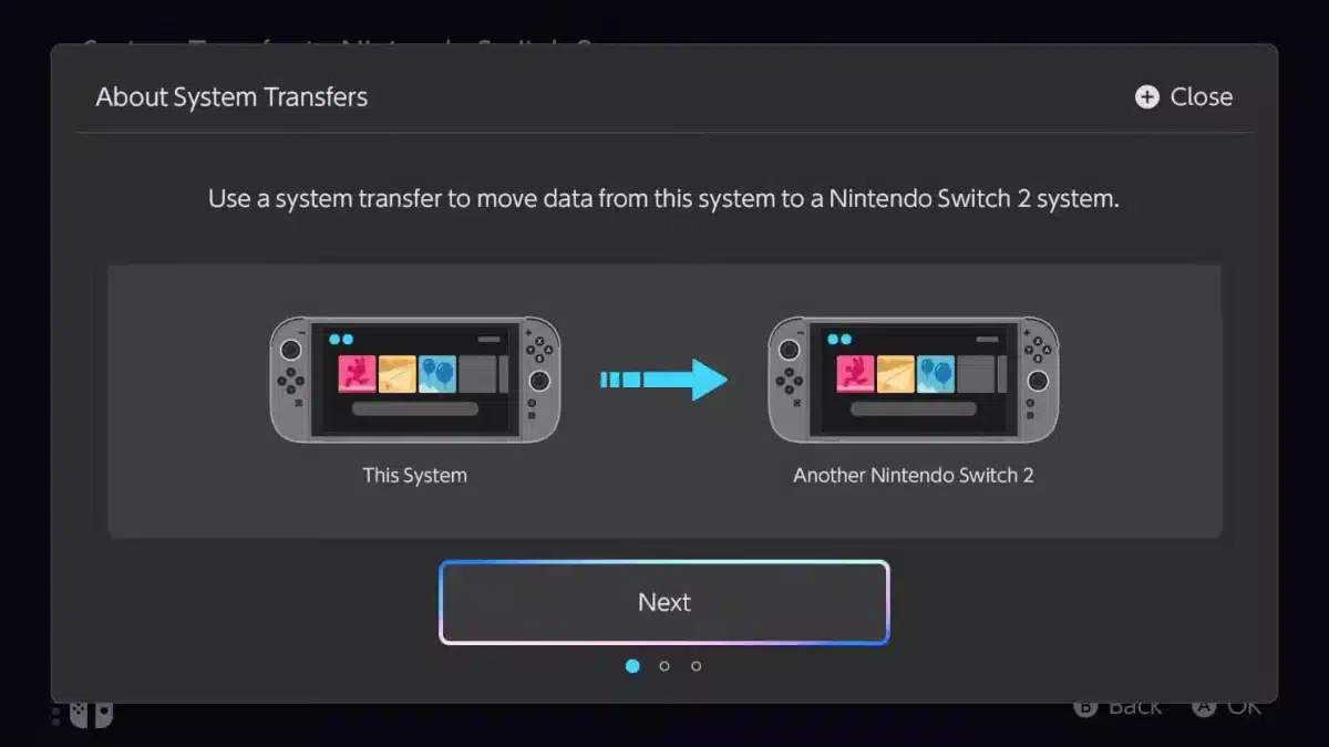 Nintendo Switch 2 system transfer screen showing data moving to another Switch 2 console