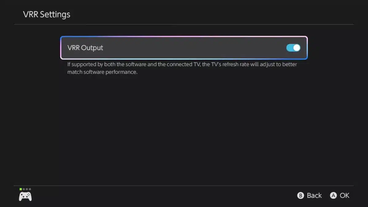 Nintendo Switch 2 VRR Output setting enabled for TV mode
