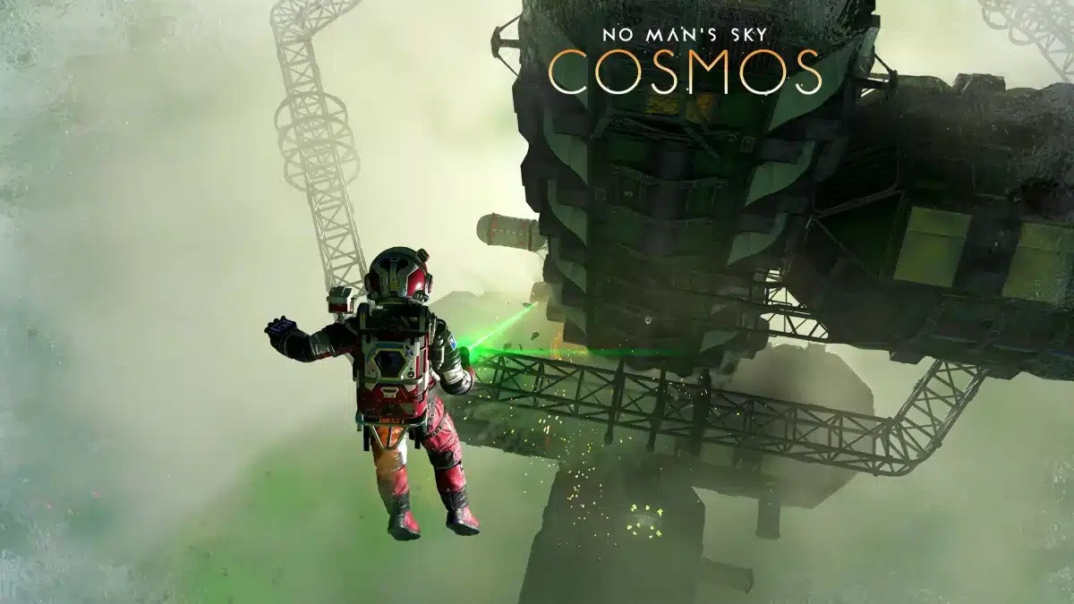 No Man’s Sky Cosmos player spacewalking beside a large Space Hulk wreck