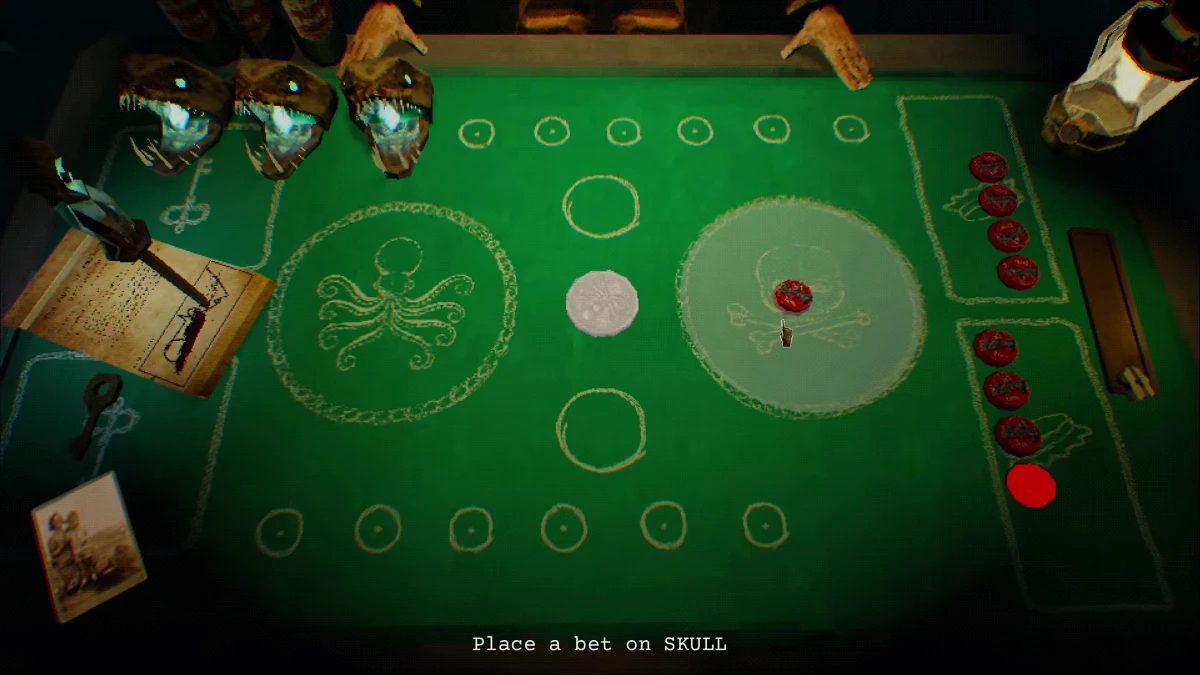 O.B.O.L gameplay showing a player betting bottle caps on the Skull outcome of a coin flip