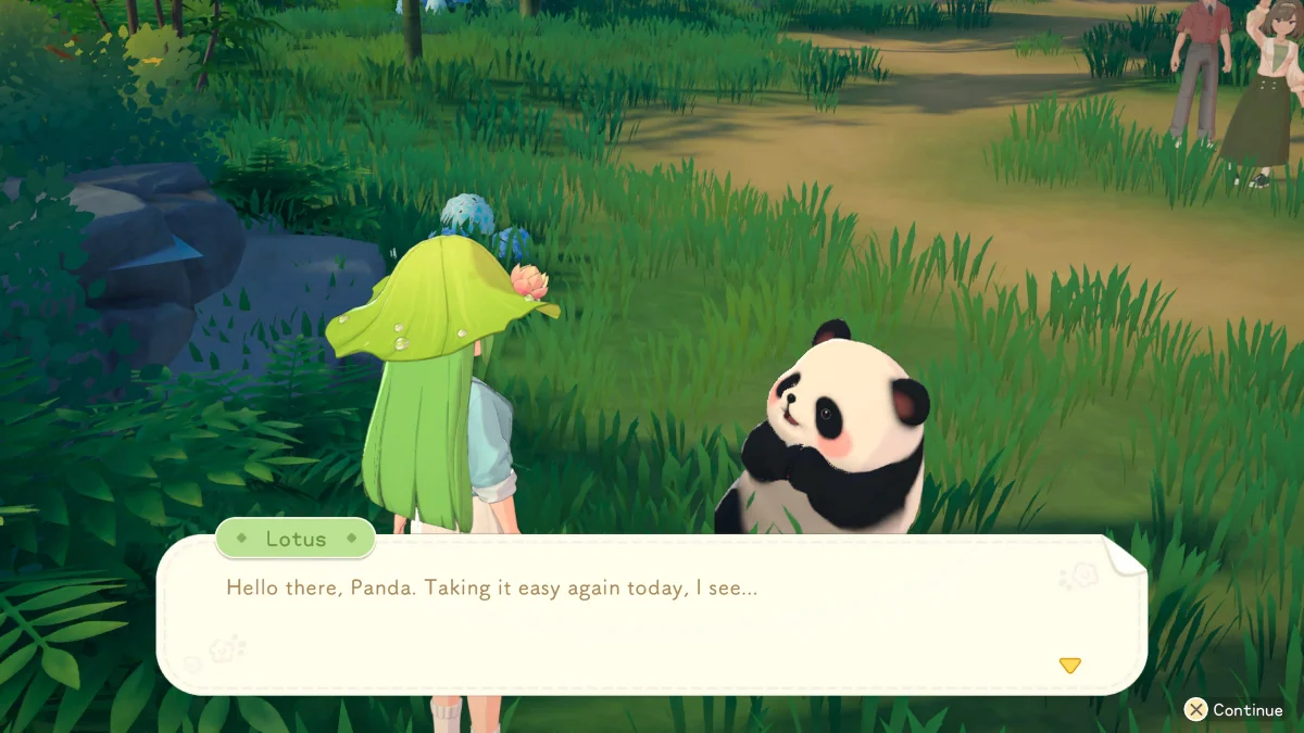 A cartoon panda cub sits in a grassy area, looking towards a figure wearing a large green leaf-shaped hat. A speech bubble from the figure says, "Hello there, Panda. Taking it easy again today, I see..."