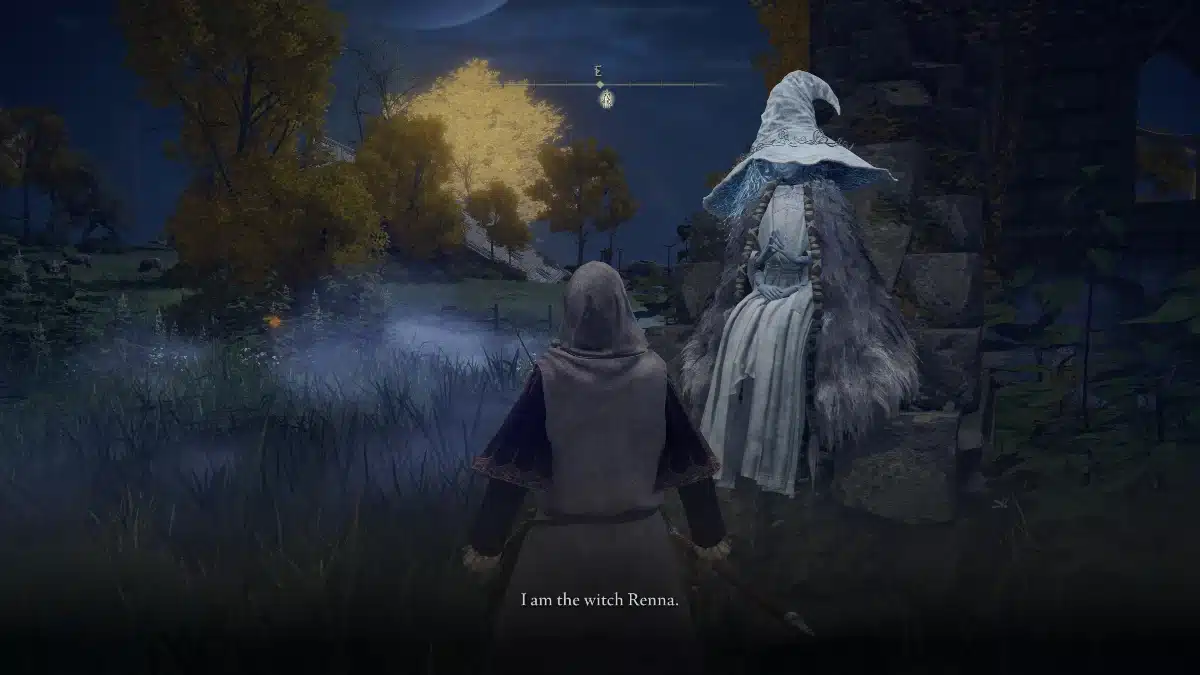 A character wearing a grey hooded cloak faces away from the viewer, looking at a woman in a tall, pointed white hat and a flowing blue and white dress, standing on a stone structure in a nighttime landscape with a full moon and autumn trees.