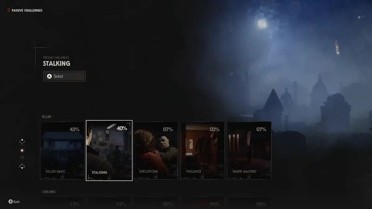 Halloween: The Game passive challenges menu showing Killer objectives including Stalking, Executions, Violence and Shape Mastery