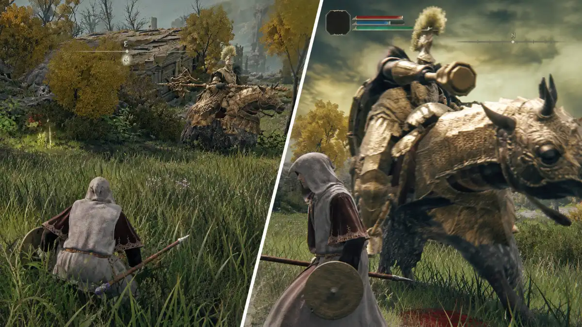 A player character crouches in tall grass holding a spear and shield, facing away from the camera. To the right, a heavily armored knight rides a quadrupedal beast with a horned head, charging forward. The scene is set in a grassy, autumnal landscape with ruins in the background.
