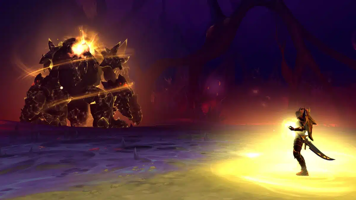 A massive, glowing, rocky creature with fiery eyes stands on the left, facing a smaller, armored humanoid figure on the right who is radiating bright yellow light.