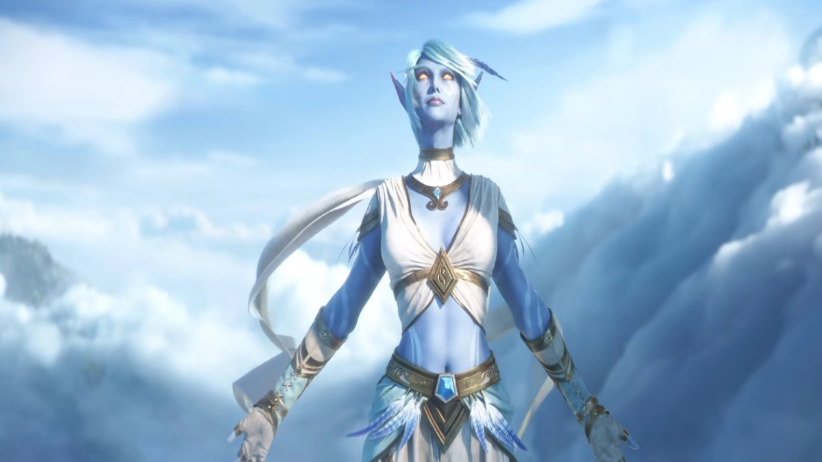 A blue-skinned humanoid with white hair and glowing eyes, dressed in ornate white and gold armor, stands against a backdrop of cloudy skies and distant mountains.
