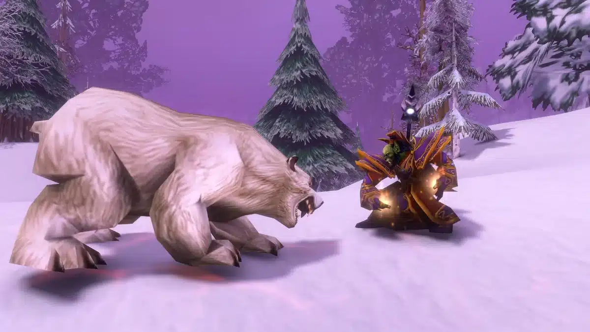 A large, white bear lunges forward aggressively in a snowy forest clearing, facing a green-skinned orc character clad in ornate purple and gold robes, who is casting a spell with glowing hands.