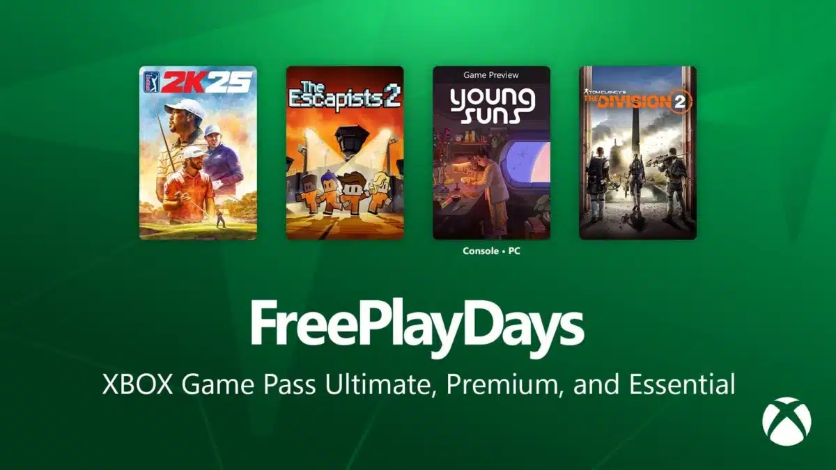 Xbox Free Play Days artwork featuring PGA TOUR 2K25, The Escapists 2, Young Suns and The Division 2
