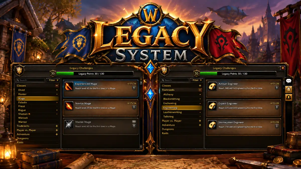 World of Warcraft Legacy System interface showing "Legacy Challenges" with two columns, one listing Mage challenges such as "Experienced Mage" and "Novice Mage," and the other listing Engineering challenges like "Artisan Engineer" and "Expert Engineer," with a progress bar and points displayed at the top.