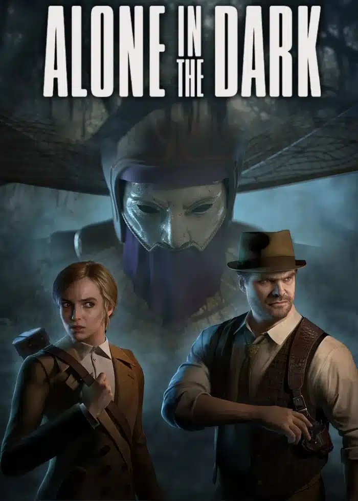 Alone in the Dark cover featuring Emily Hartwood and Edward Carnby outside Derceto Manor.