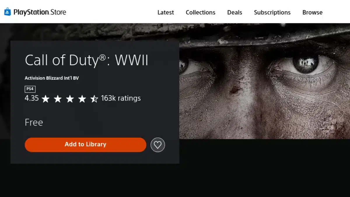 UK PlayStation Store listing showing Call of Duty WWII as free with an Add to Library button
