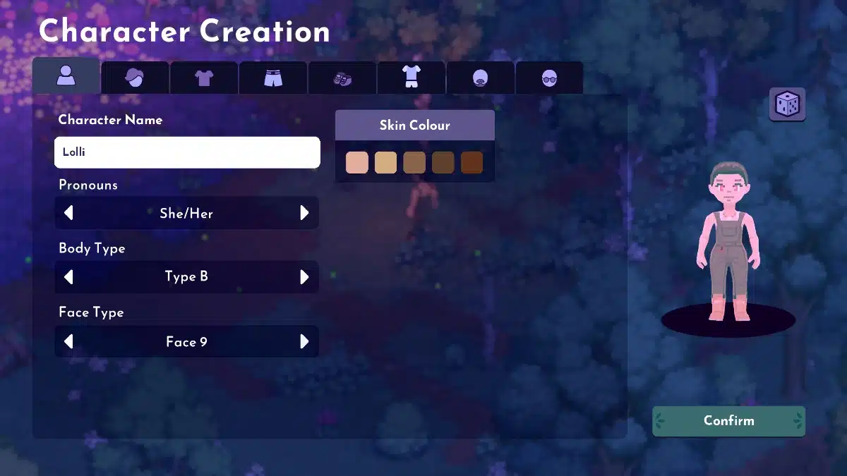 A character creation screen showing options for character name, pronouns, body type, and face type, with a preview of a character wearing overalls and pink boots.