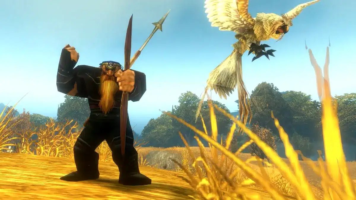 A dwarf with a long beard and black armor holds a spear, preparing to strike an attacking bird with a sharp beak.